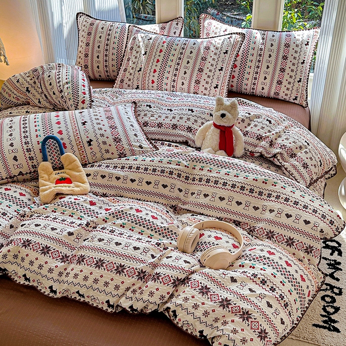 91家纺网 家纺一手货源 找家纺 （总）梵希雅 2026新款费尔岛风贝壳边泡芙棉四件套床单被套宿舍三件套单品