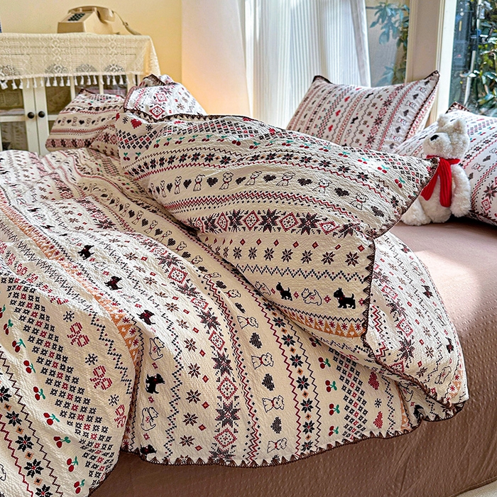 91家纺网 家纺一手货源 找家纺 （总）梵希雅 2026新款费尔岛风贝壳边泡芙棉四件套床单被套宿舍三件套单品