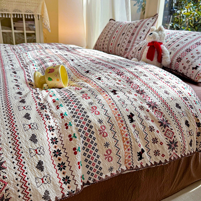 91家纺网 家纺一手货源 找家纺 （总）梵希雅 2026新款费尔岛风贝壳边泡芙棉四件套床单被套宿舍三件套单品