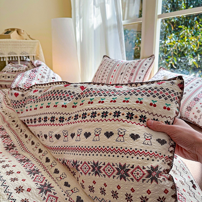 91家纺网 家纺一手货源 找家纺 （总）梵希雅 2026新款费尔岛风贝壳边泡芙棉四件套床单被套宿舍三件套单品