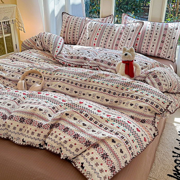 91家纺网 家纺一手货源 找家纺 （总）梵希雅 2026新款费尔岛风贝壳边泡芙棉四件套床单被套宿舍三件套单品