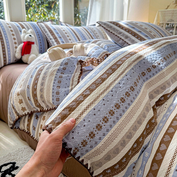 91家纺网 家纺一手货源 找家纺 （总）梵希雅 2026新款费尔岛风贝壳边泡芙棉四件套床单被套宿舍三件套单品