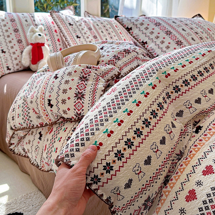 91家纺网 家纺一手货源 找家纺 （总）梵希雅 2026新款费尔岛风贝壳边泡芙棉四件套床单被套宿舍三件套单品