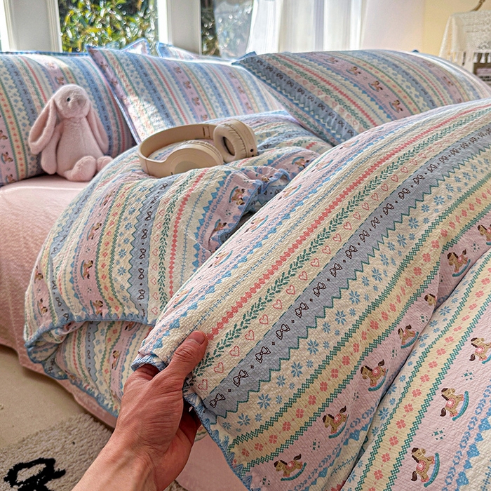 91家纺网 家纺一手货源 找家纺 （总）梵希雅 2026新款费尔岛风贝壳边泡芙棉四件套床单被套宿舍三件套单品