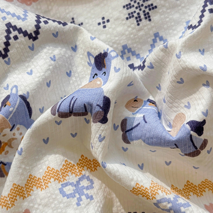 91家纺网 家纺一手货源 找家纺 梵希雅 2026新款费尔岛风贝壳边泡芙棉四件套床单被套宿舍三件套单品 雾蓝自由马