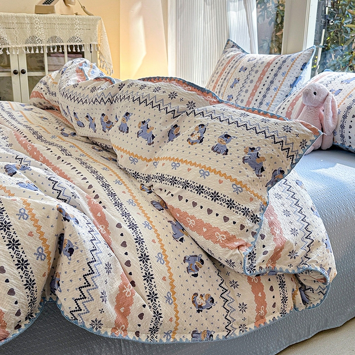 91家纺网 家纺一手货源 找家纺 梵希雅 2026新款费尔岛风贝壳边泡芙棉四件套床单被套宿舍三件套单品 雾蓝自由马