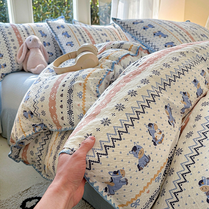 91家纺网 家纺一手货源 找家纺 （总）梵希雅 2026新款费尔岛风贝壳边泡芙棉四件套床单被套宿舍三件套单品