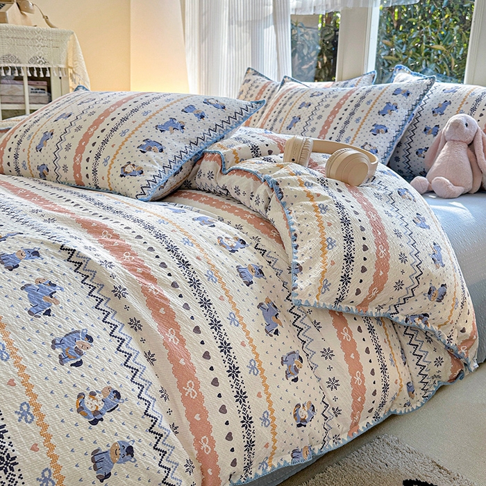 91家纺网 家纺一手货源 找家纺 梵希雅 2026新款费尔岛风贝壳边泡芙棉四件套床单被套宿舍三件套单品 雾蓝自由马