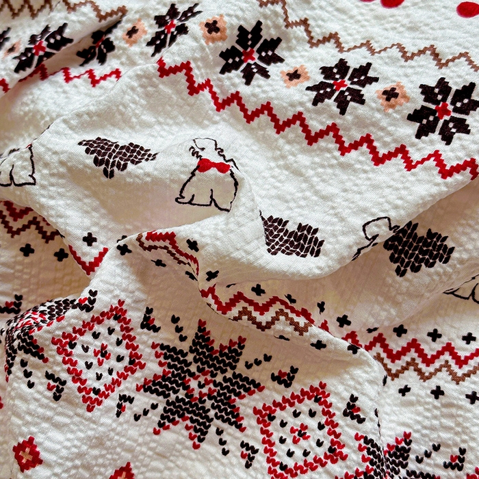 91家纺网 家纺一手货源 找家纺 梵希雅 2026新款费尔岛风贝壳边泡芙棉四件套床单被套宿舍三件套单品 红棕萌犬