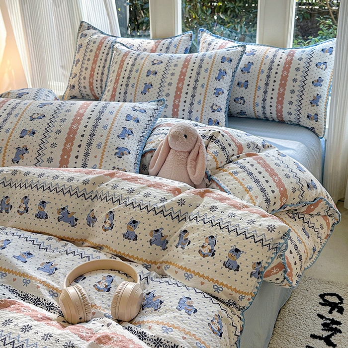 91家纺网 家纺一手货源 找家纺 梵希雅 2026新款费尔岛风贝壳边泡芙棉四件套床单被套宿舍三件套单品 雾蓝自由马