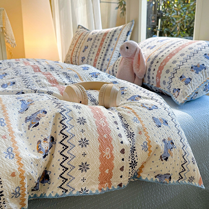 91家纺网 家纺一手货源 找家纺 梵希雅 2026新款费尔岛风贝壳边泡芙棉四件套床单被套宿舍三件套单品 雾蓝自由马