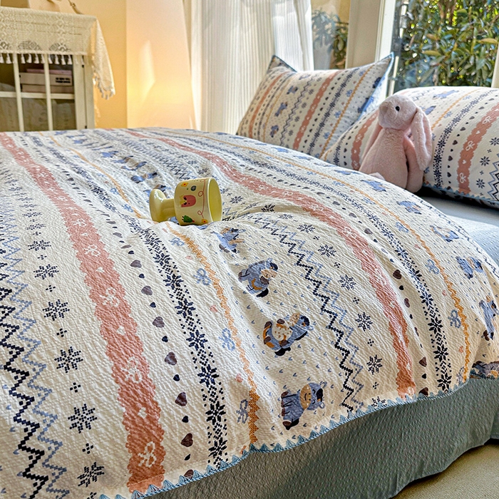 91家纺网 家纺一手货源 找家纺 梵希雅 2026新款费尔岛风贝壳边泡芙棉四件套床单被套宿舍三件套单品 雾蓝自由马