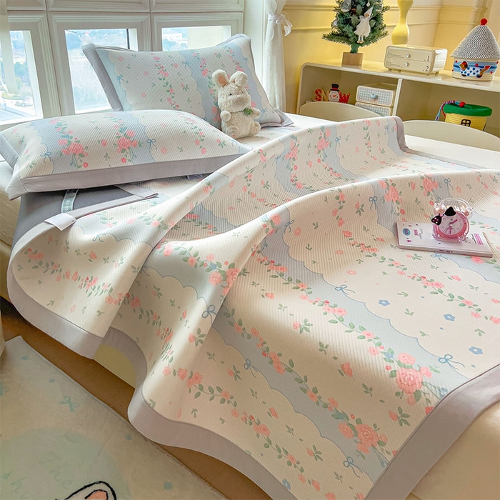 91家纺网 家纺一手货源 找家纺 宜派家纺 2026新款夏季花卉冰丝凉席床笠凉感值过0.21单件夏天冰豆豆A类可机洗学生宿舍空调软席 花知晓-床席