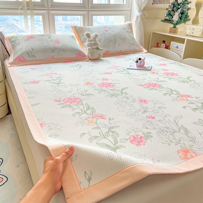 宜派家纺 2026新款夏季花卉冰丝凉席床笠凉感值过0.21单件夏天冰豆豆A类可机洗学生宿舍空调软席 牡丹粉-床席