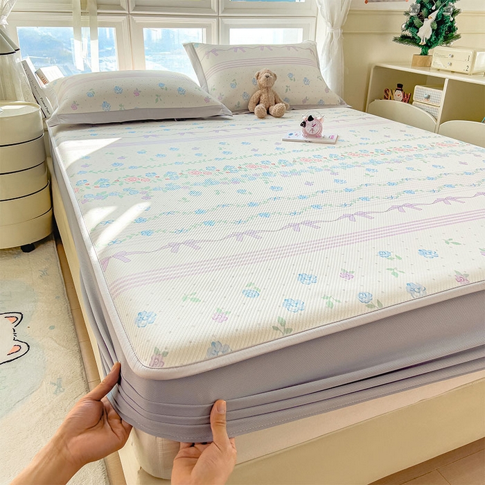 91家纺网 家纺一手货源 找家纺 宜派家纺 2026新款夏季花卉冰丝凉席床笠凉感值过0.21单件夏天冰豆豆A类可机洗学生宿舍空调软席 田园之家-床笠