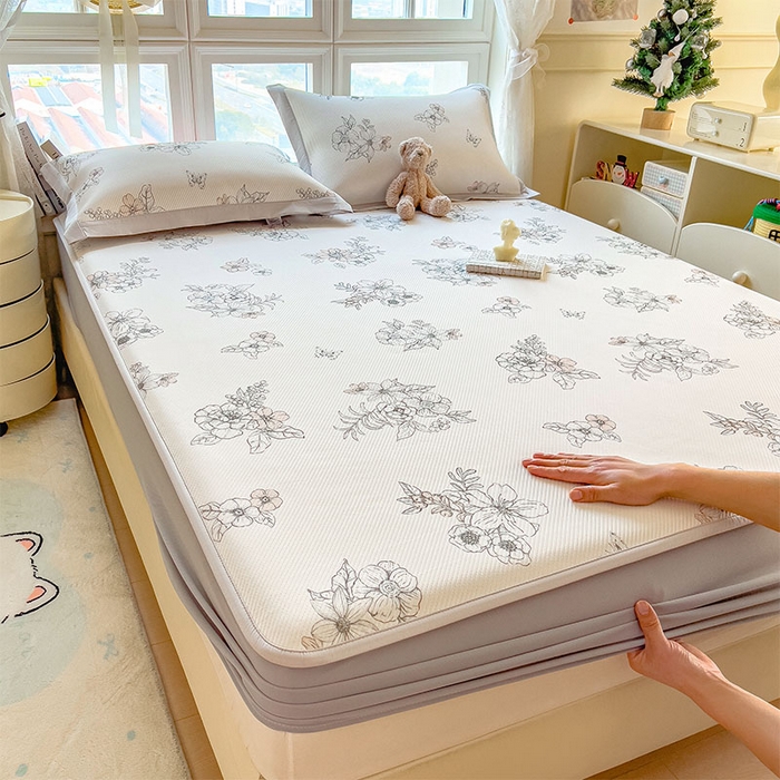 91家纺网 家纺一手货源 找家纺 宜派家纺 2026新款夏季花卉冰丝凉席床笠凉感值过0.21单件夏天冰豆豆A类可机洗学生宿舍空调软席 花影-床笠