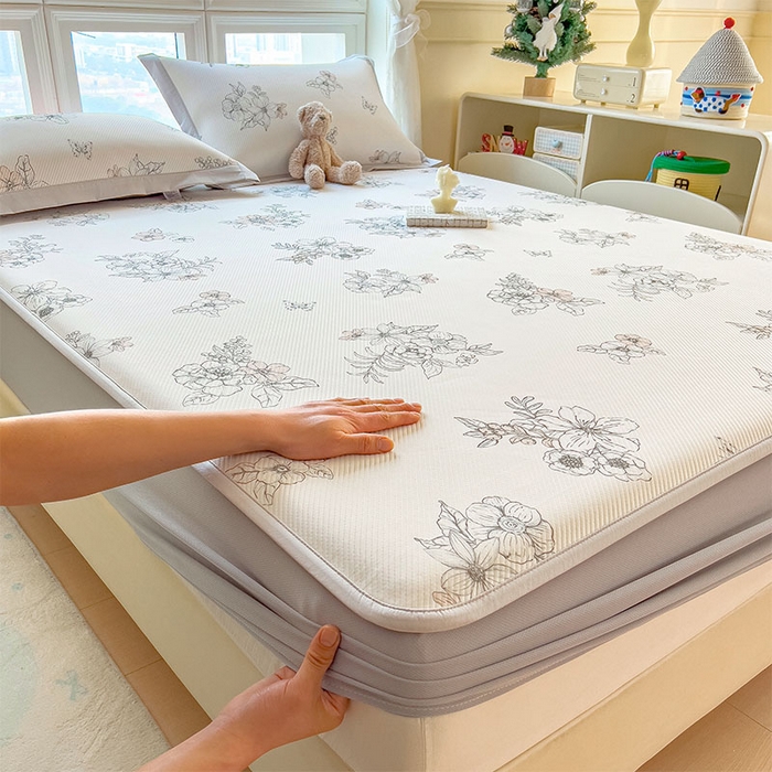 91家纺网 家纺一手货源 找家纺 宜派家纺 2026新款夏季花卉冰丝凉席床笠凉感值过0.21单件夏天冰豆豆A类可机洗学生宿舍空调软席 花影-床笠