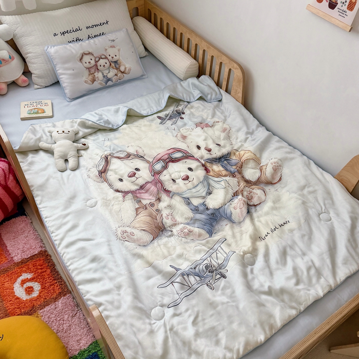 91家纺网 家纺一手货源 找家纺 萌宝家纺 2026新款60S兰精天丝儿童夏被幼儿园大豆夏凉被三件套 飞机小熊