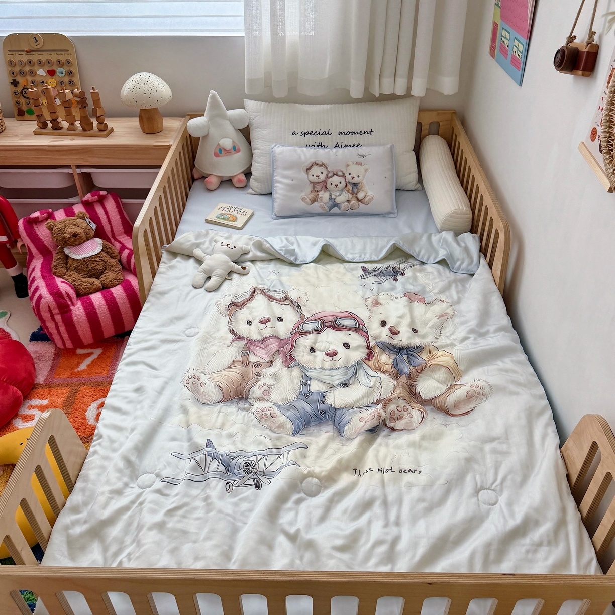 萌宝家纺 2026新款60S兰精天丝儿童夏被幼儿园大豆夏凉被三件套 飞机小熊