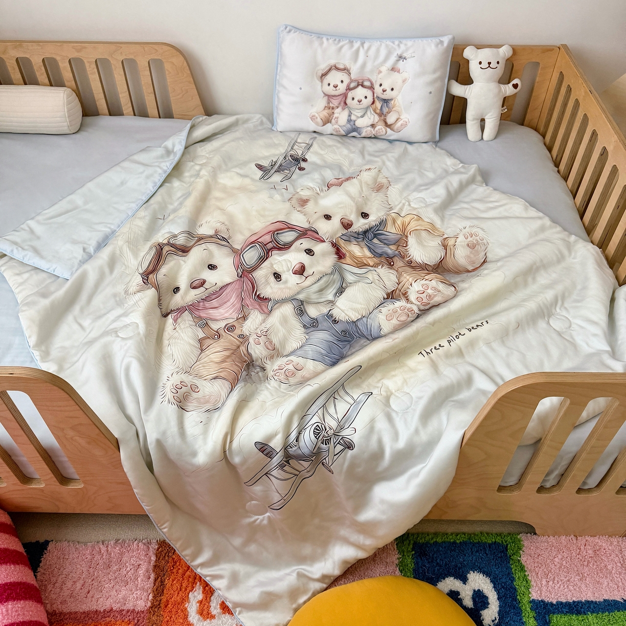 91家纺网 家纺一手货源 找家纺 萌宝家纺 2026新款60S兰精天丝儿童夏被幼儿园大豆夏凉被三件套 飞机小熊