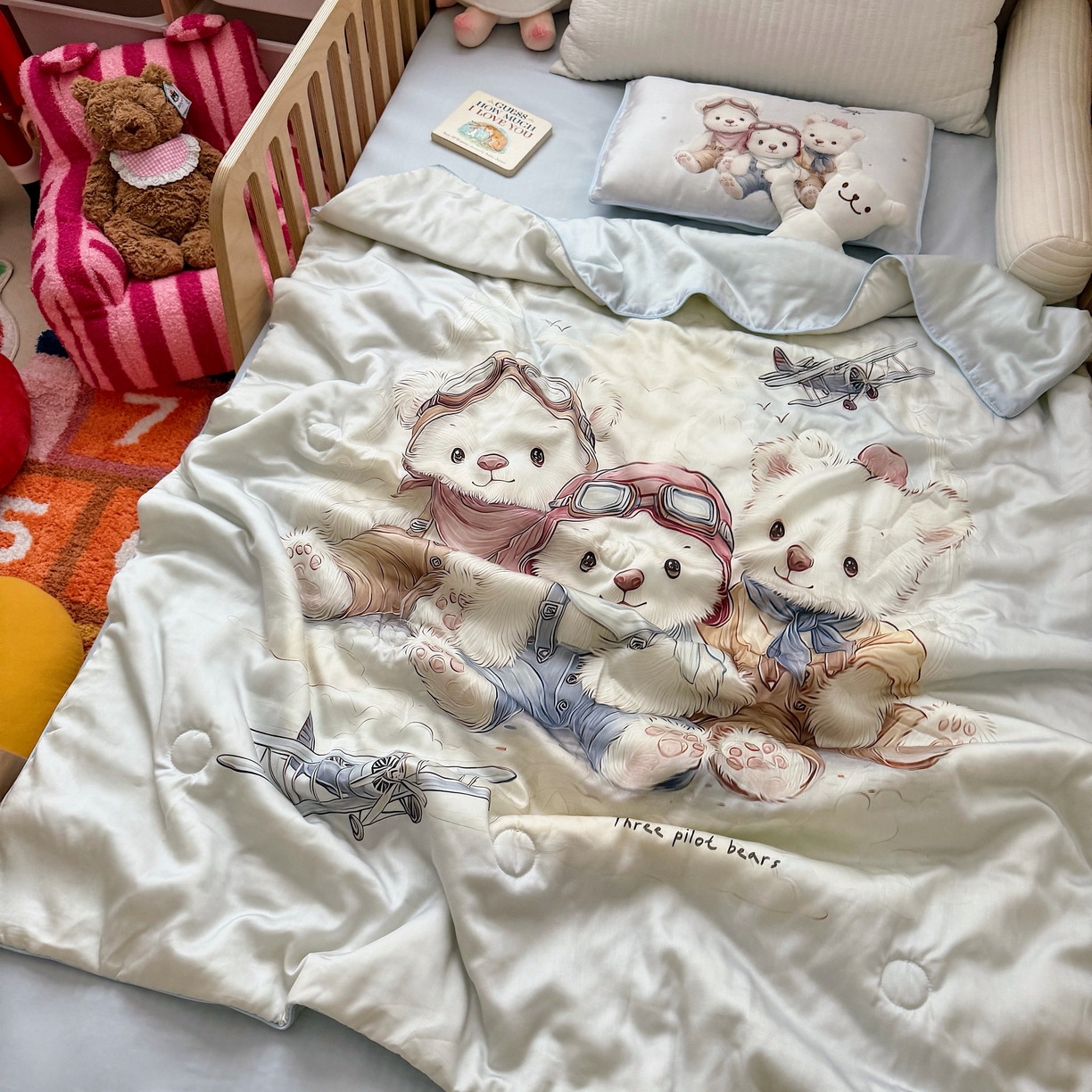 91家纺网 家纺一手货源 找家纺 萌宝家纺 2026新款60S兰精天丝儿童夏被幼儿园大豆夏凉被三件套 飞机小熊