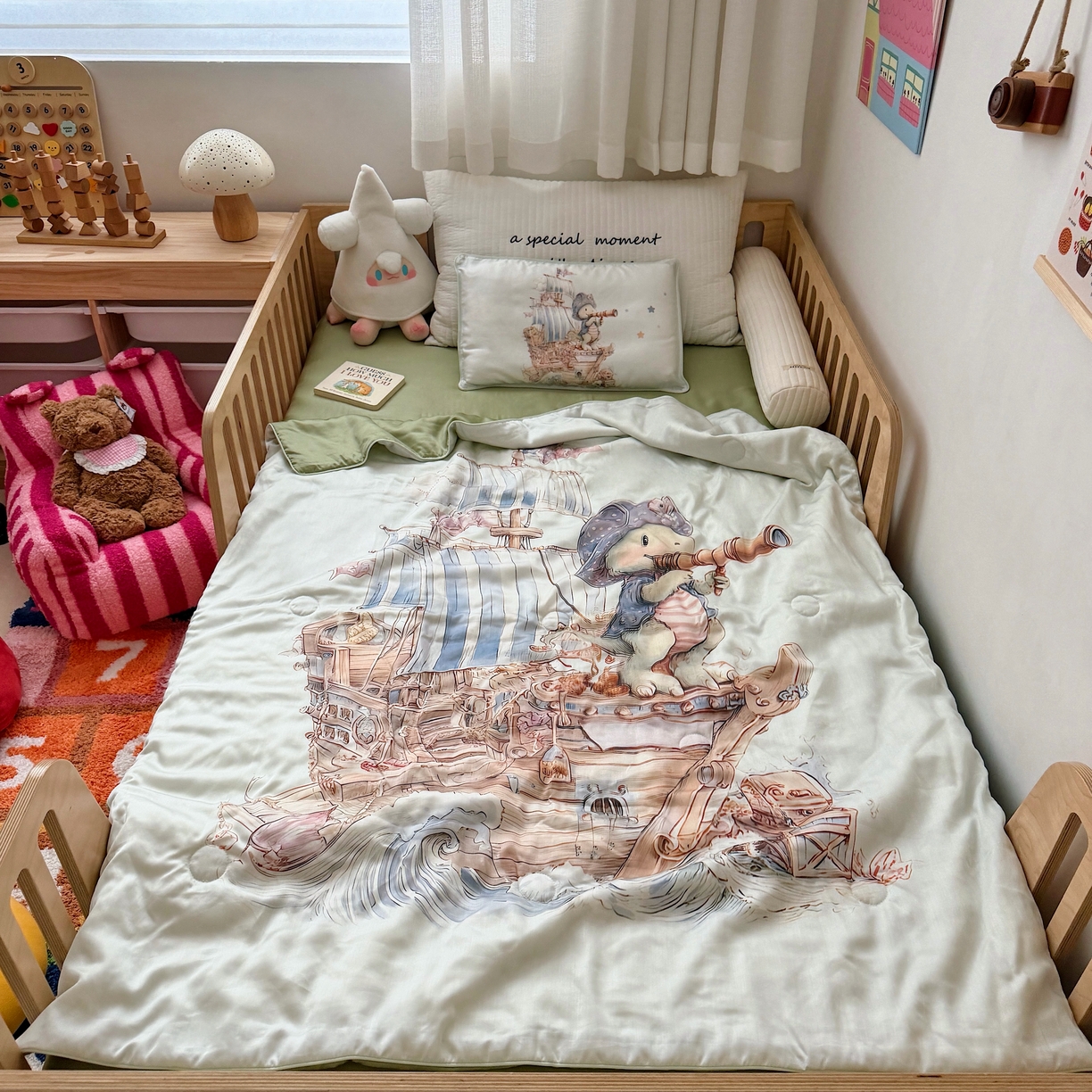 萌宝家纺 2026新款60S兰精天丝儿童夏被幼儿园大豆夏凉被三件套 海盗恐龙