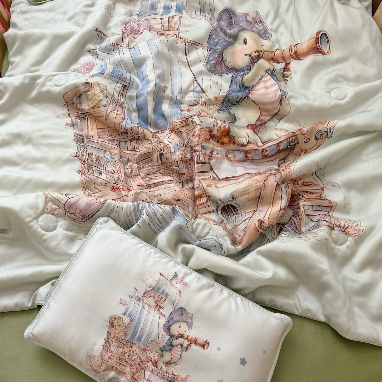 91家纺网 家纺一手货源 找家纺 萌宝家纺 2026新款60S兰精天丝儿童夏被幼儿园大豆夏凉被三件套 海盗恐龙