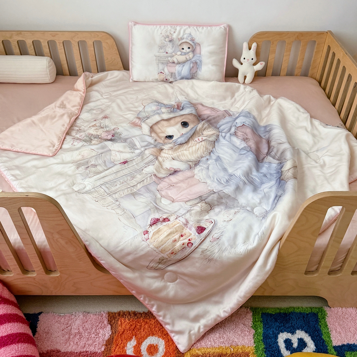 91家纺网 家纺一手货源 找家纺 萌宝家纺 2026新款60S兰精天丝儿童夏被幼儿园大豆夏凉被三件套 淑女猫咪