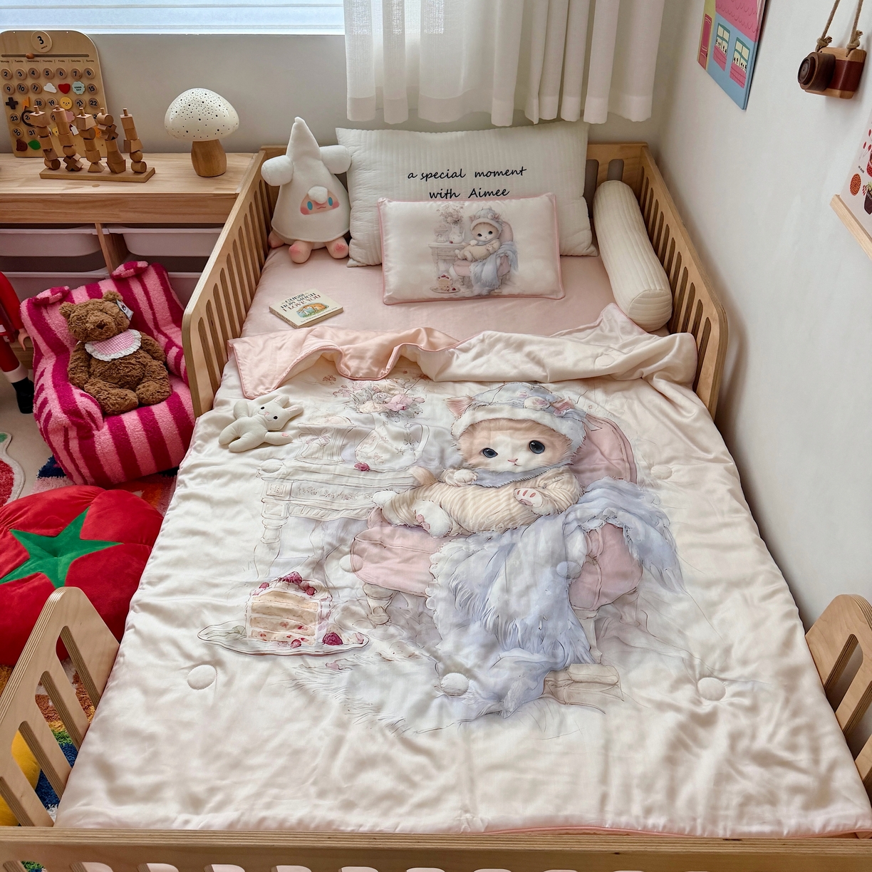 萌宝家纺 2026新款60S兰精天丝儿童夏被幼儿园大豆夏凉被三件套 淑女猫咪