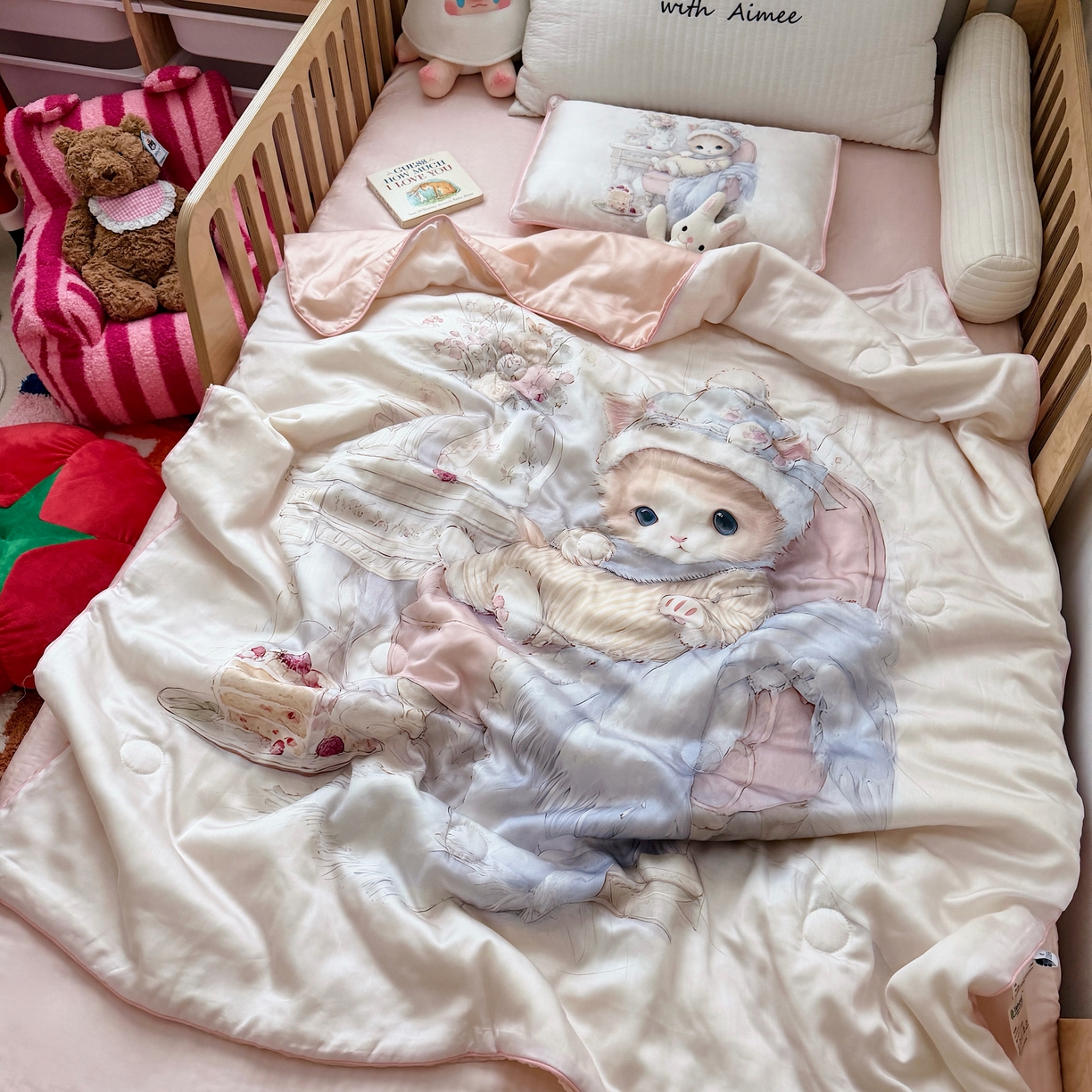 91家纺网 家纺一手货源 找家纺 萌宝家纺 2026新款60S兰精天丝儿童夏被幼儿园大豆夏凉被三件套 淑女猫咪