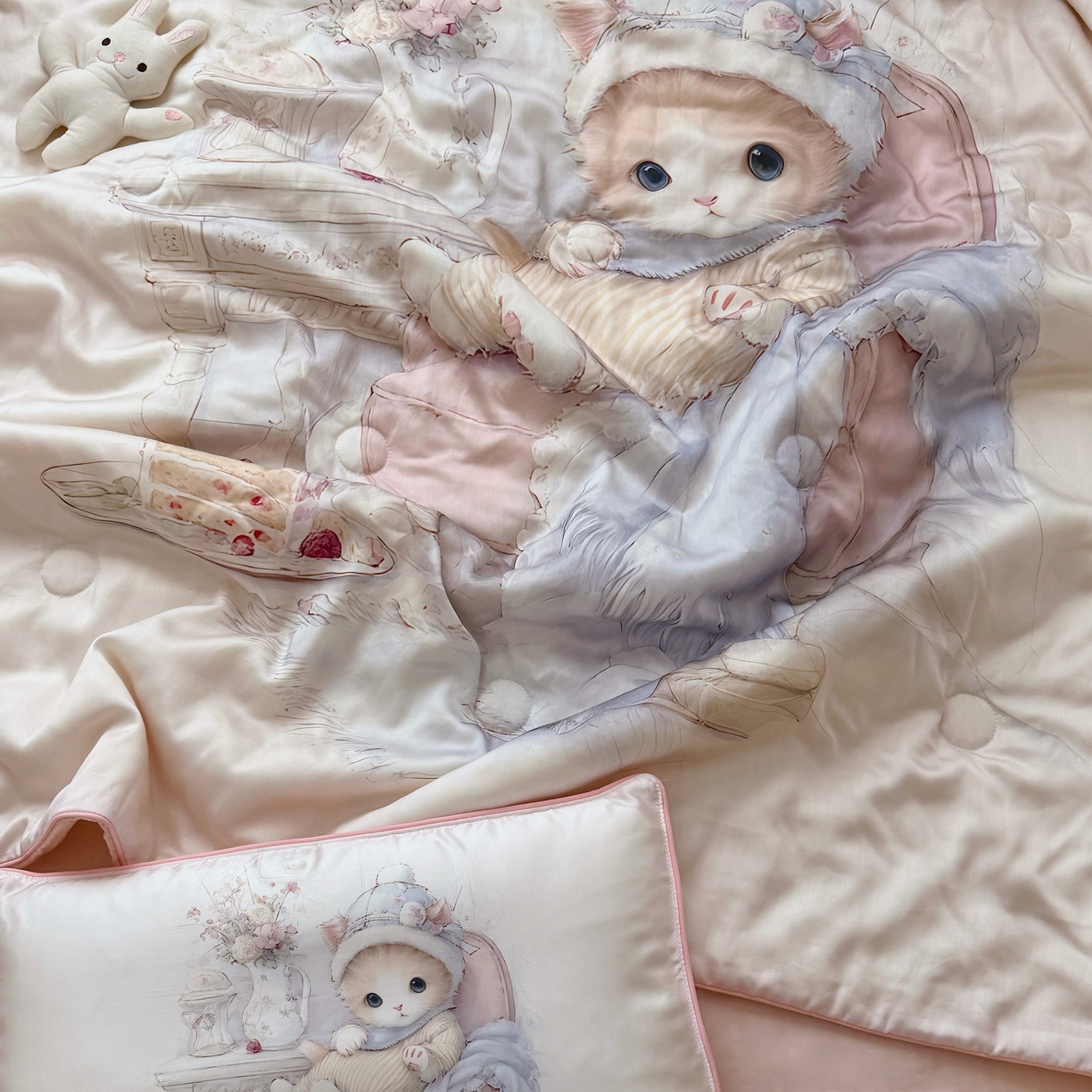 91家纺网 家纺一手货源 找家纺 萌宝家纺 2026新款60S兰精天丝儿童夏被幼儿园大豆夏凉被三件套 淑女猫咪