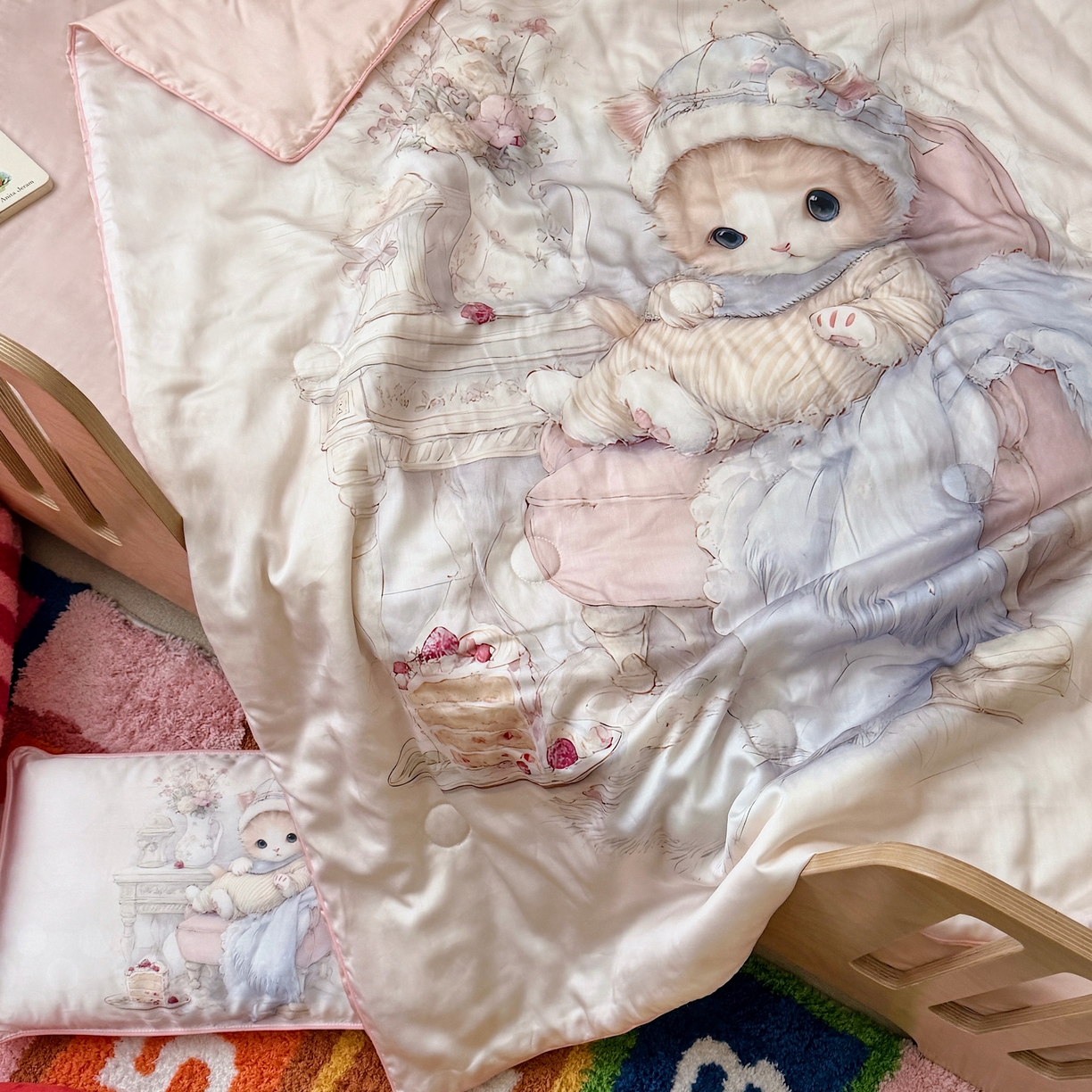 91家纺网 家纺一手货源 找家纺 萌宝家纺 2026新款60S兰精天丝儿童夏被幼儿园大豆夏凉被三件套 淑女猫咪