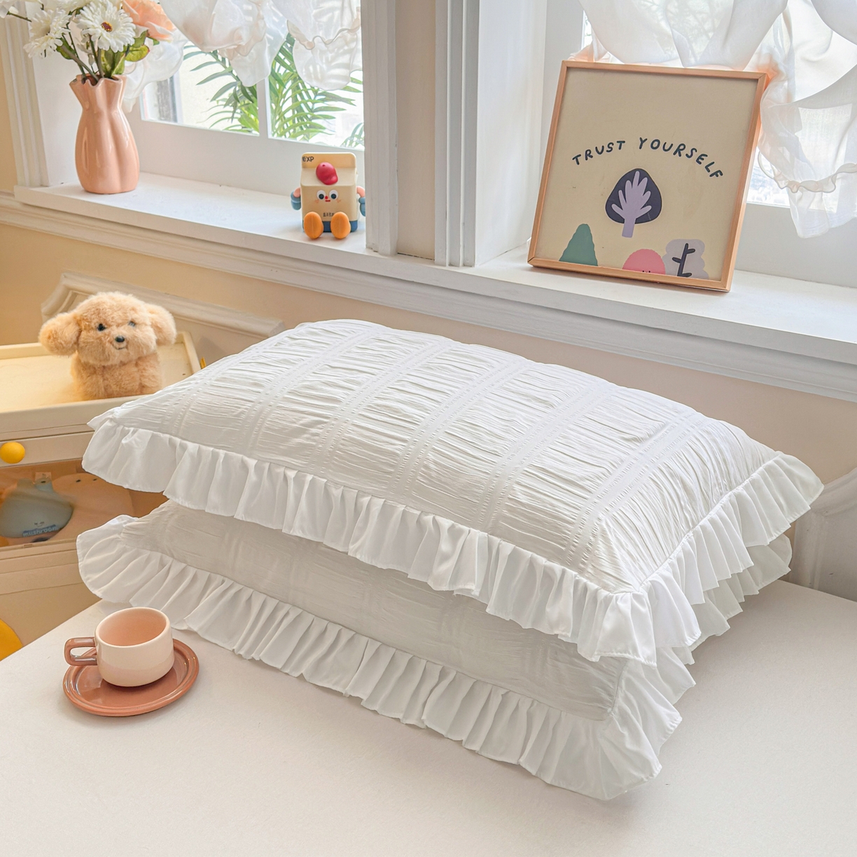 91家纺网 家纺一手货源 找家纺 衿成家纺 2026新款公主风小清新泡泡纱花边枕套 白色