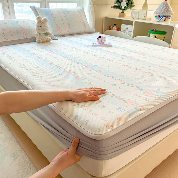 91家纺网 家纺一手货源 找家纺 宜派家纺 2026新款夏季花卉冰丝凉席床笠凉感值过0.21单件夏天冰豆豆A类可机洗学生宿舍空调软席 花知晓-床笠