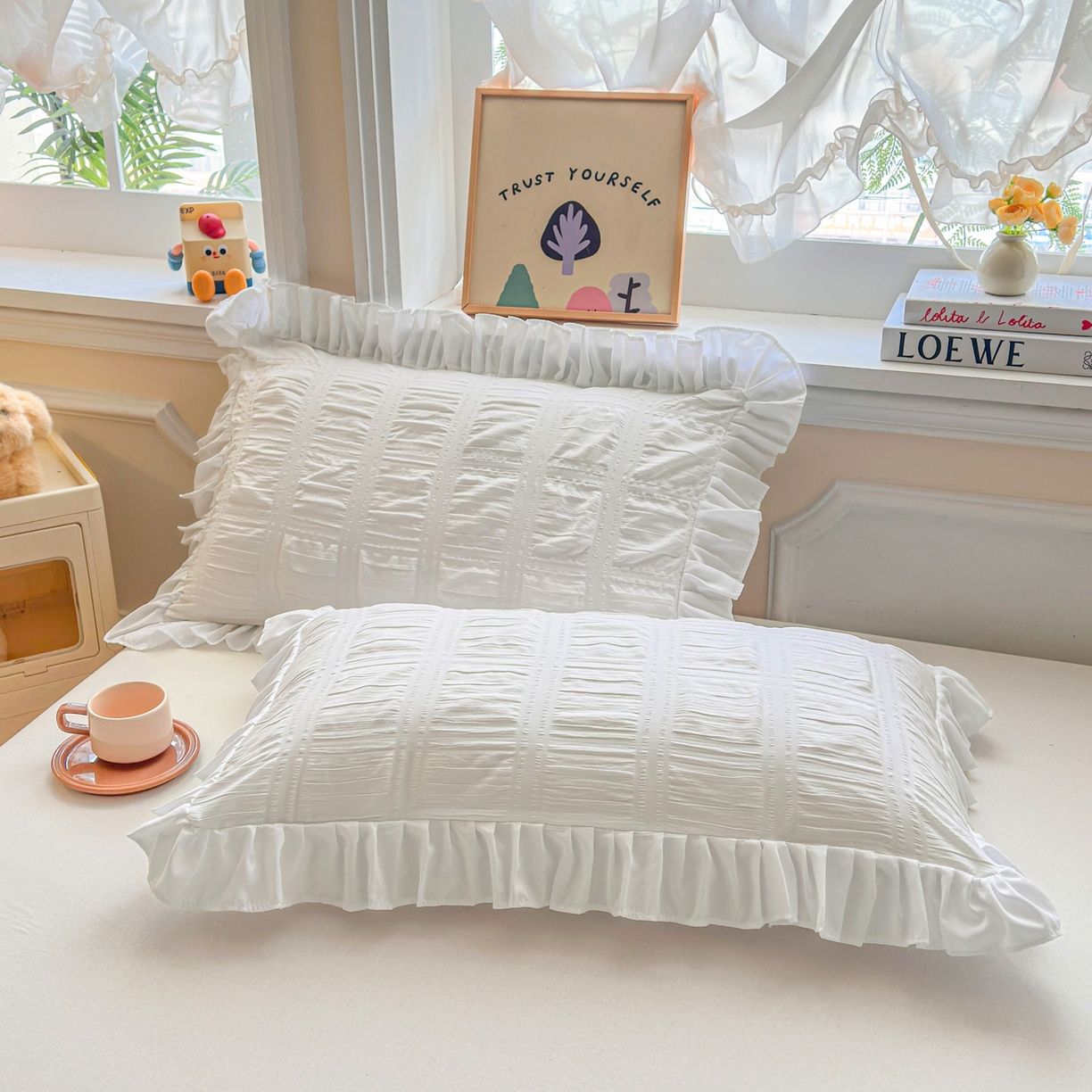 91家纺网 家纺一手货源 找家纺 衿成家纺 2026新款公主风小清新泡泡纱花边枕套 白色