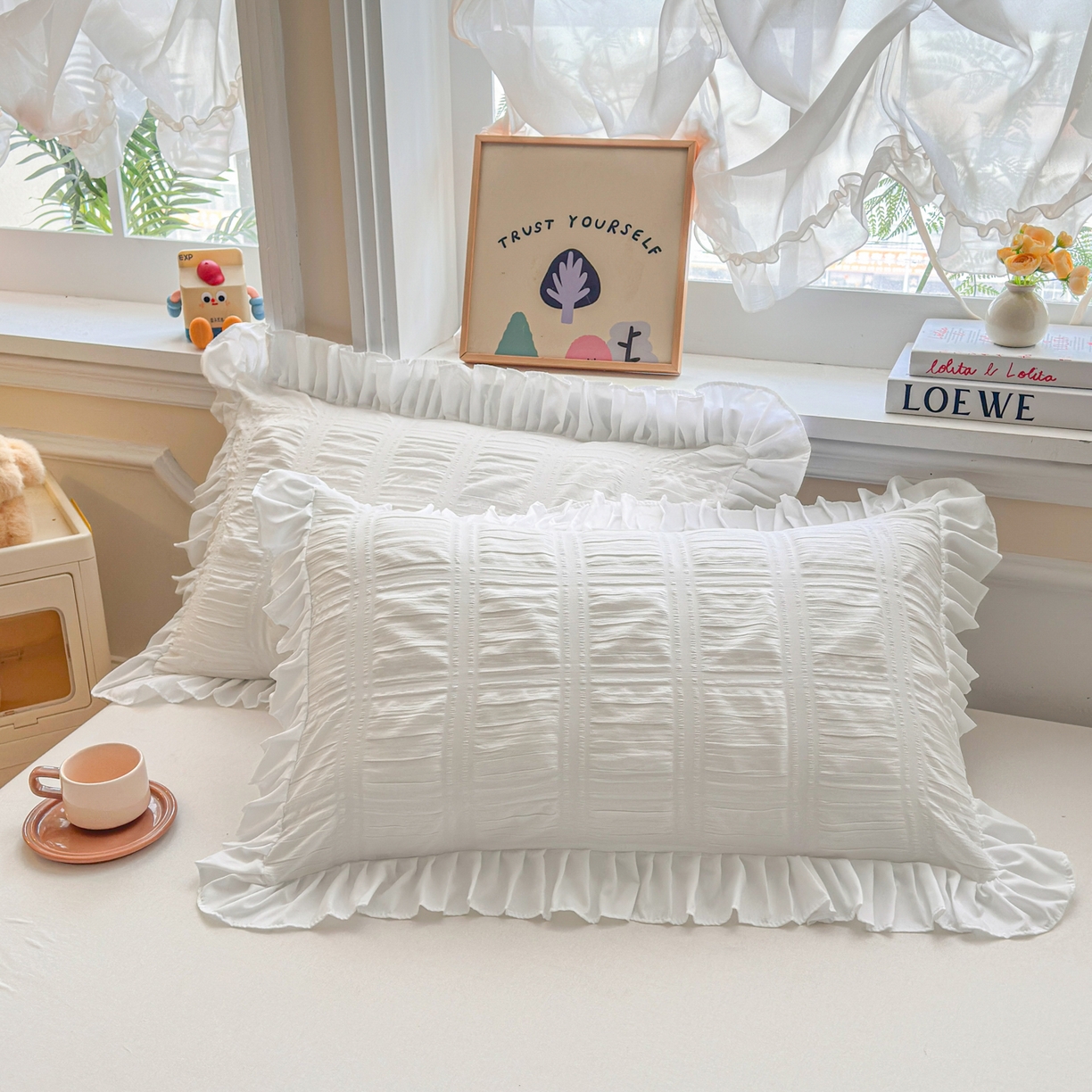 91家纺网 家纺一手货源 找家纺 衿成家纺 2026新款公主风小清新泡泡纱花边枕套 白色