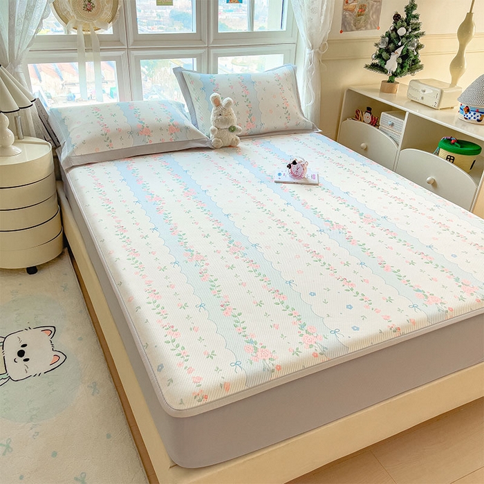 91家纺网 家纺一手货源 找家纺 宜派家纺 2026新款夏季花卉冰丝凉席床笠凉感值过0.21单件夏天冰豆豆A类可机洗学生宿舍空调软席 花知晓-床笠