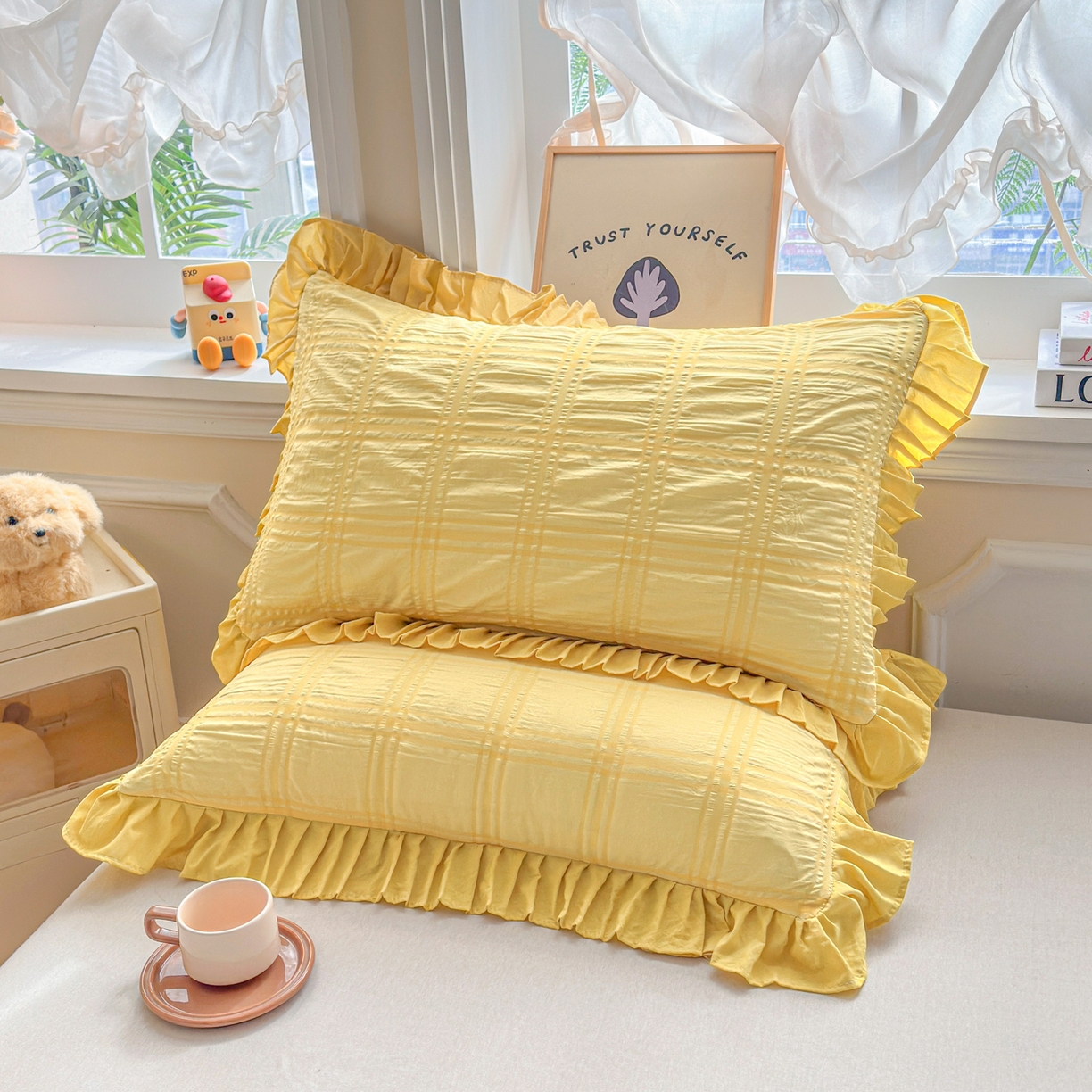 91家纺网 家纺一手货源 找家纺 衿成家纺 2026新款公主风小清新泡泡纱花边枕套 黄色