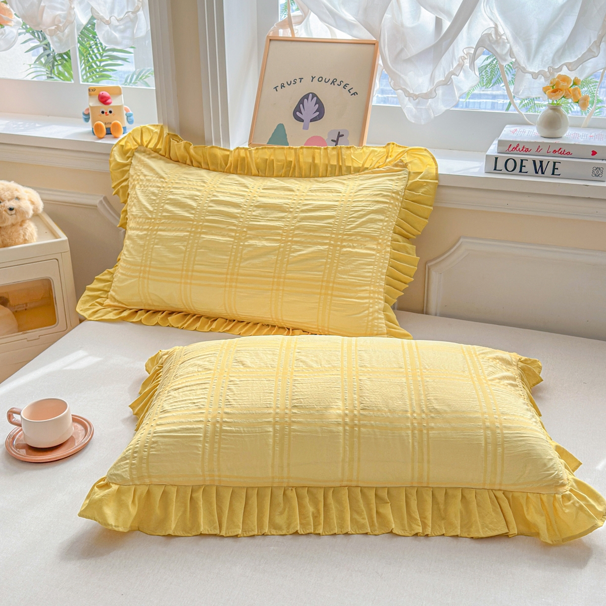 91家纺网 家纺一手货源 找家纺 衿成家纺 2026新款公主风小清新泡泡纱花边枕套 黄色