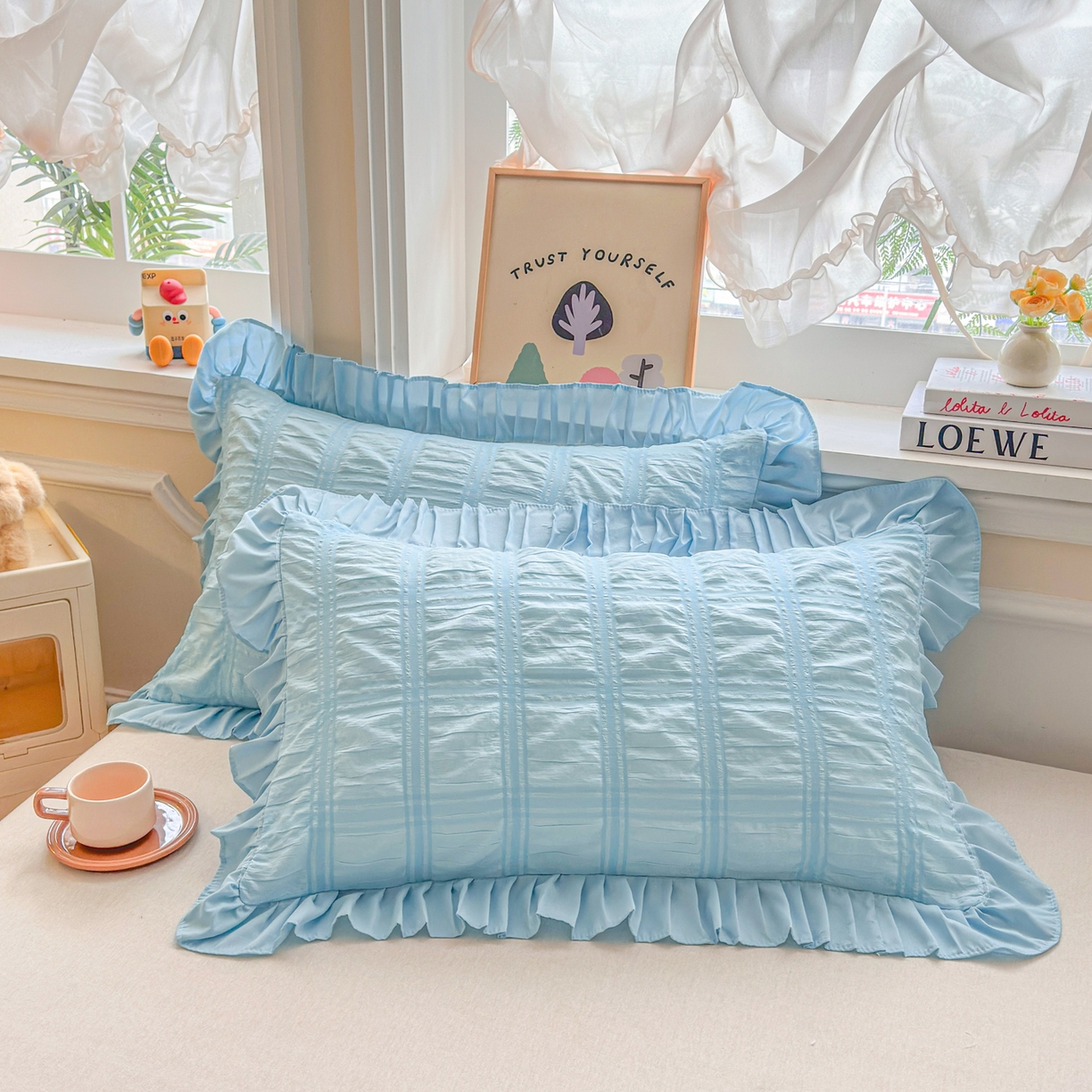 衿成家纺 2026新款公主风小清新泡泡纱花边枕套 蓝色