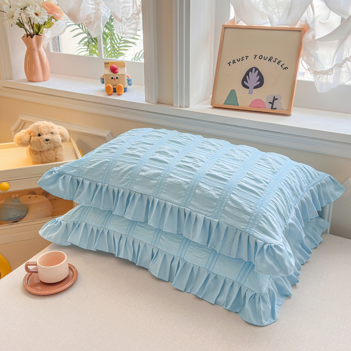 91家纺网 家纺一手货源 找家纺 衿成家纺 2026新款公主风小清新泡泡纱花边枕套 蓝色