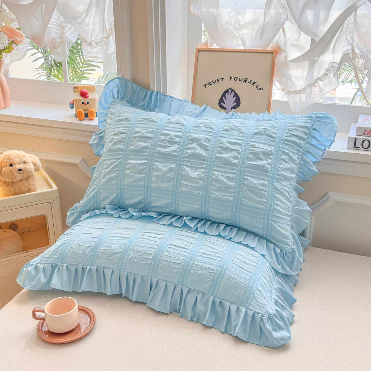 91家纺网 家纺一手货源 找家纺 衿成家纺 2026新款公主风小清新泡泡纱花边枕套 蓝色