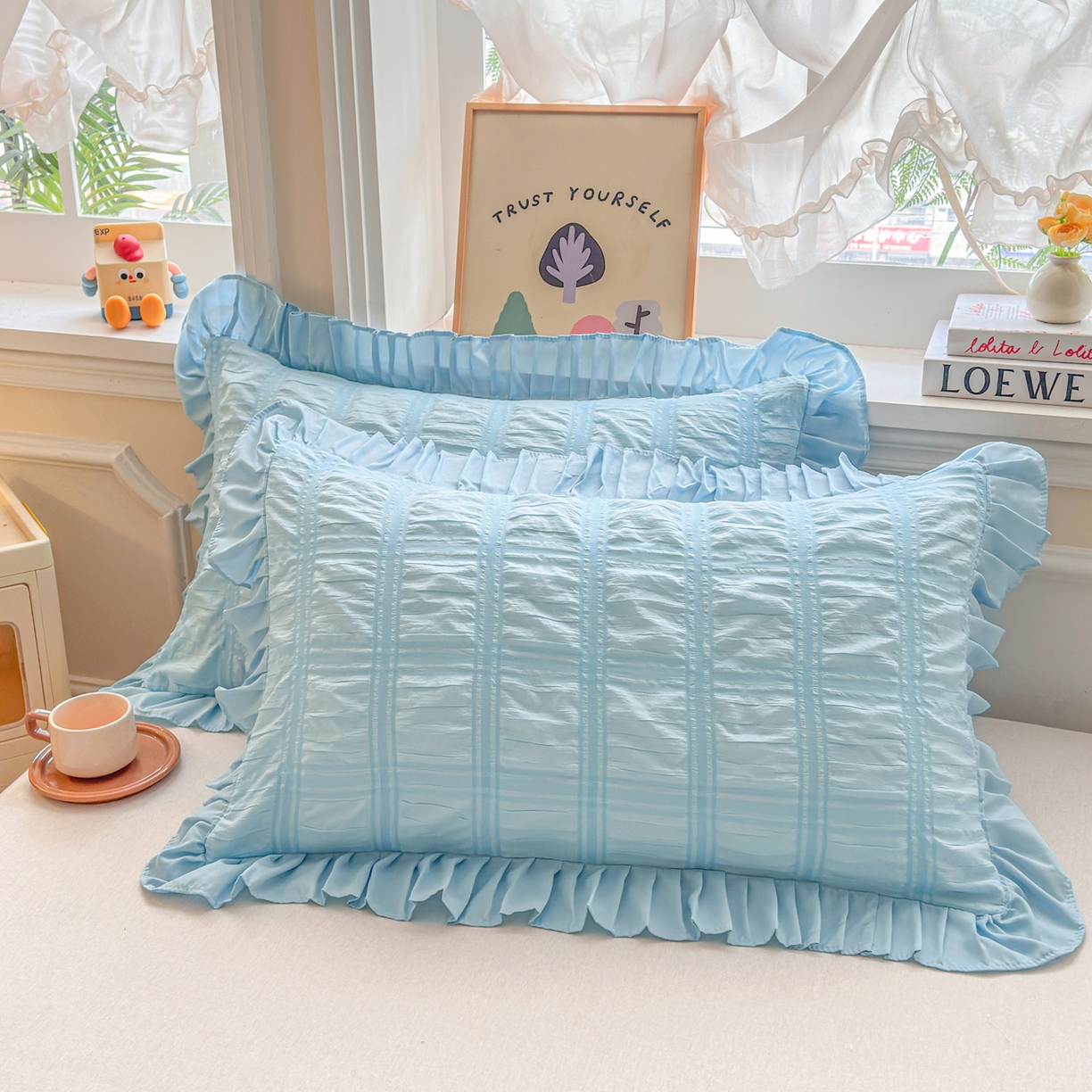 91家纺网 家纺一手货源 找家纺 衿成家纺 2026新款公主风小清新泡泡纱花边枕套 蓝色