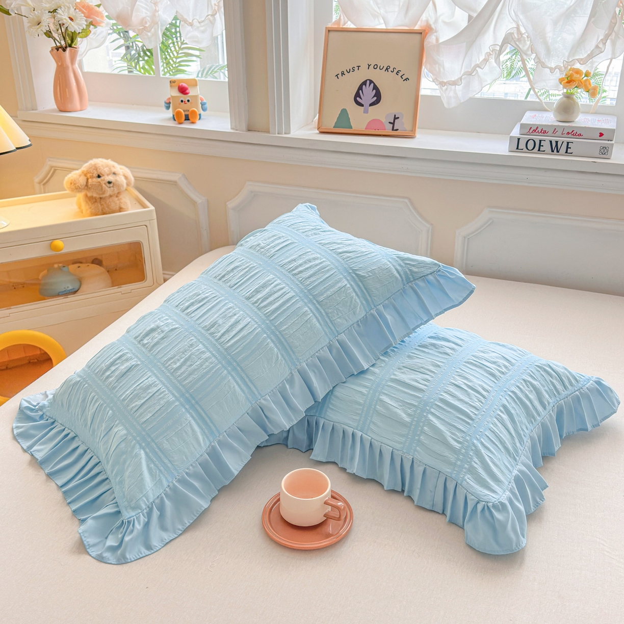 91家纺网 家纺一手货源 找家纺 衿成家纺 2026新款公主风小清新泡泡纱花边枕套 蓝色