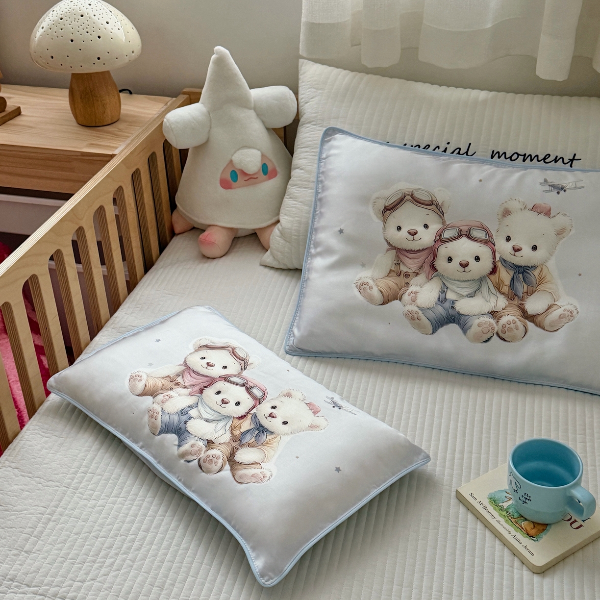 91家纺网 家纺一手货源 找家纺 萌宝家纺 2026新款60S兰精天丝儿童枕套幼儿园枕头 飞机小熊