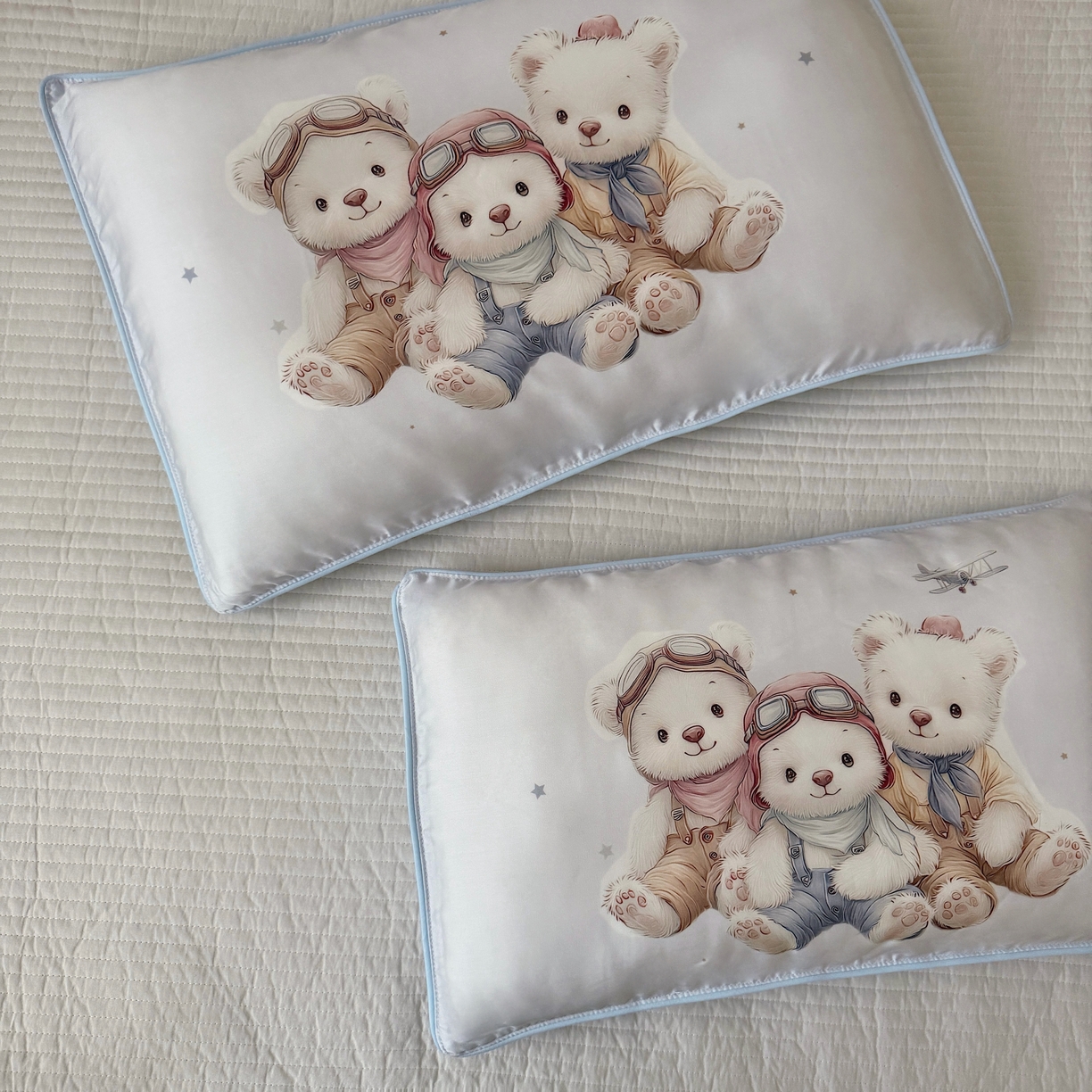 91家纺网 家纺一手货源 找家纺 萌宝家纺 2026新款60S兰精天丝儿童枕套幼儿园枕头 飞机小熊