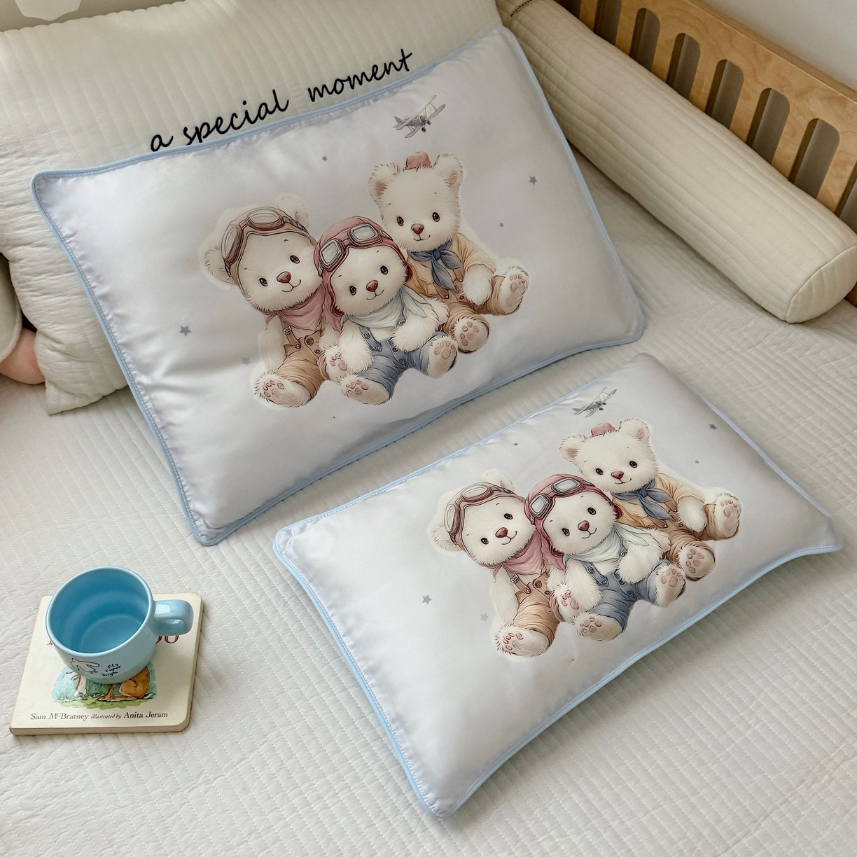 91家纺网 家纺一手货源 找家纺 萌宝家纺 2026新款60S兰精天丝儿童枕套幼儿园枕头 飞机小熊