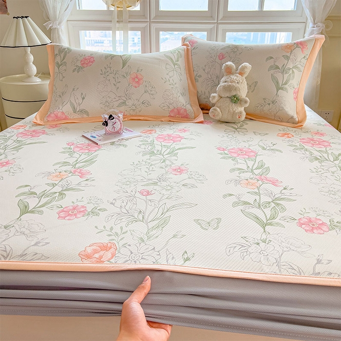 91家纺网 家纺一手货源 找家纺 宜派家纺 2026新款夏季花卉冰丝凉席床笠凉感值过0.21单件夏天冰豆豆A类可机洗学生宿舍空调软席 牡丹粉-床笠