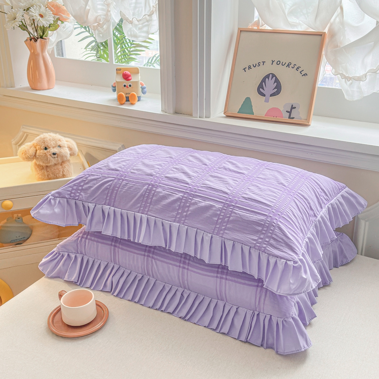 91家纺网 家纺一手货源 找家纺 衿成家纺 2026新款公主风小清新泡泡纱花边枕套 紫色