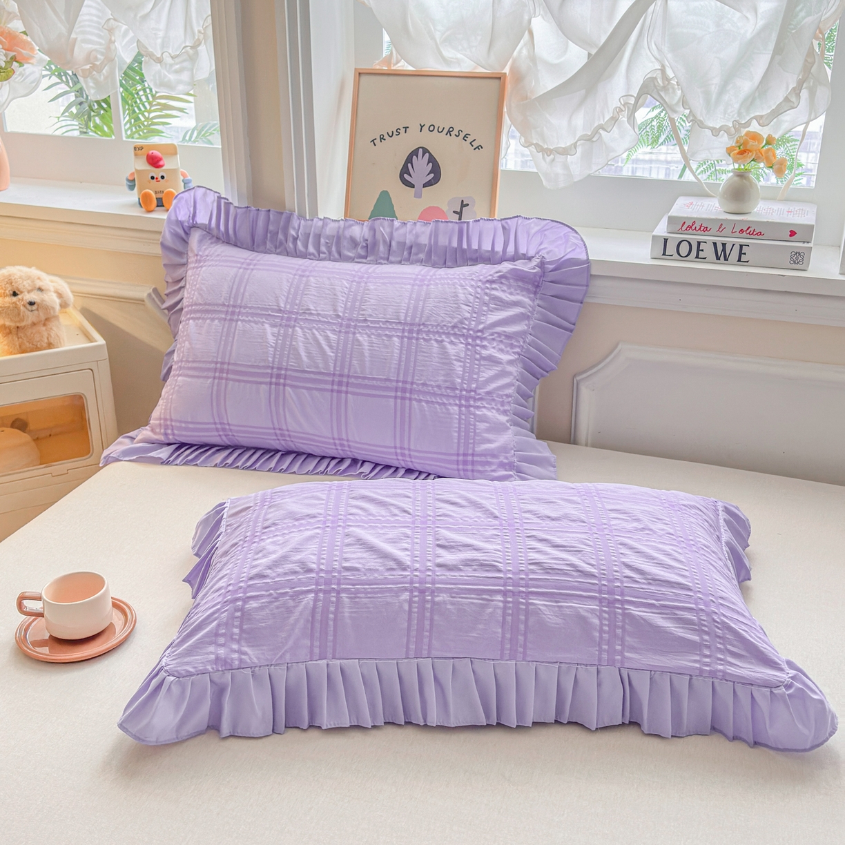 91家纺网 家纺一手货源 找家纺 衿成家纺 2026新款公主风小清新泡泡纱花边枕套 紫色